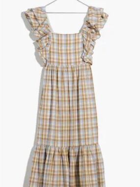 Madewell Yellow and Light Blue Plaid Ruffle Strap Maxi Dress